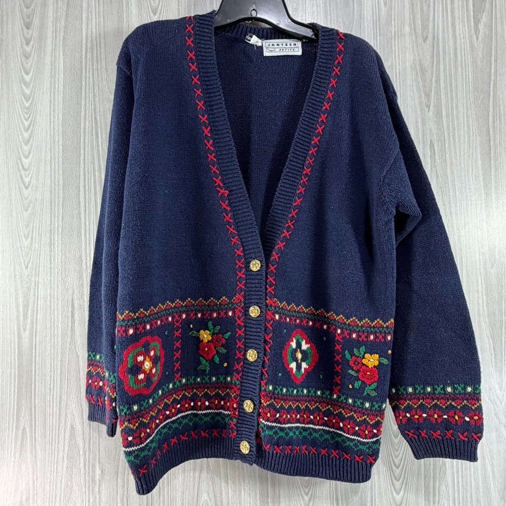 Jantzen Classics Cardigan‎ Sweater Hand Embroidered Vintage Navy Floral Cabin L
